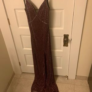 Mac Duggal beaded open back detail dress in wine
